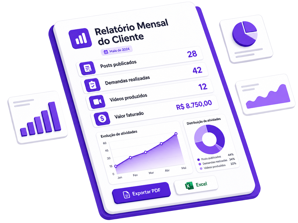 Ilustração de relatório mensal automático e portal do cliente do MIDBox